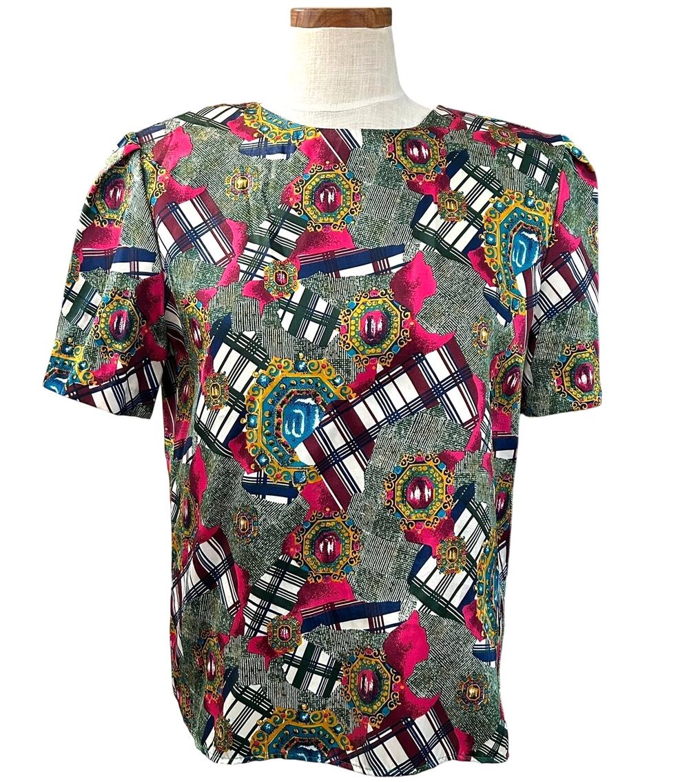 Vintage 80s Satin Gemstone Print Blouse SIZE S Laura Winston Jewel Maximalist